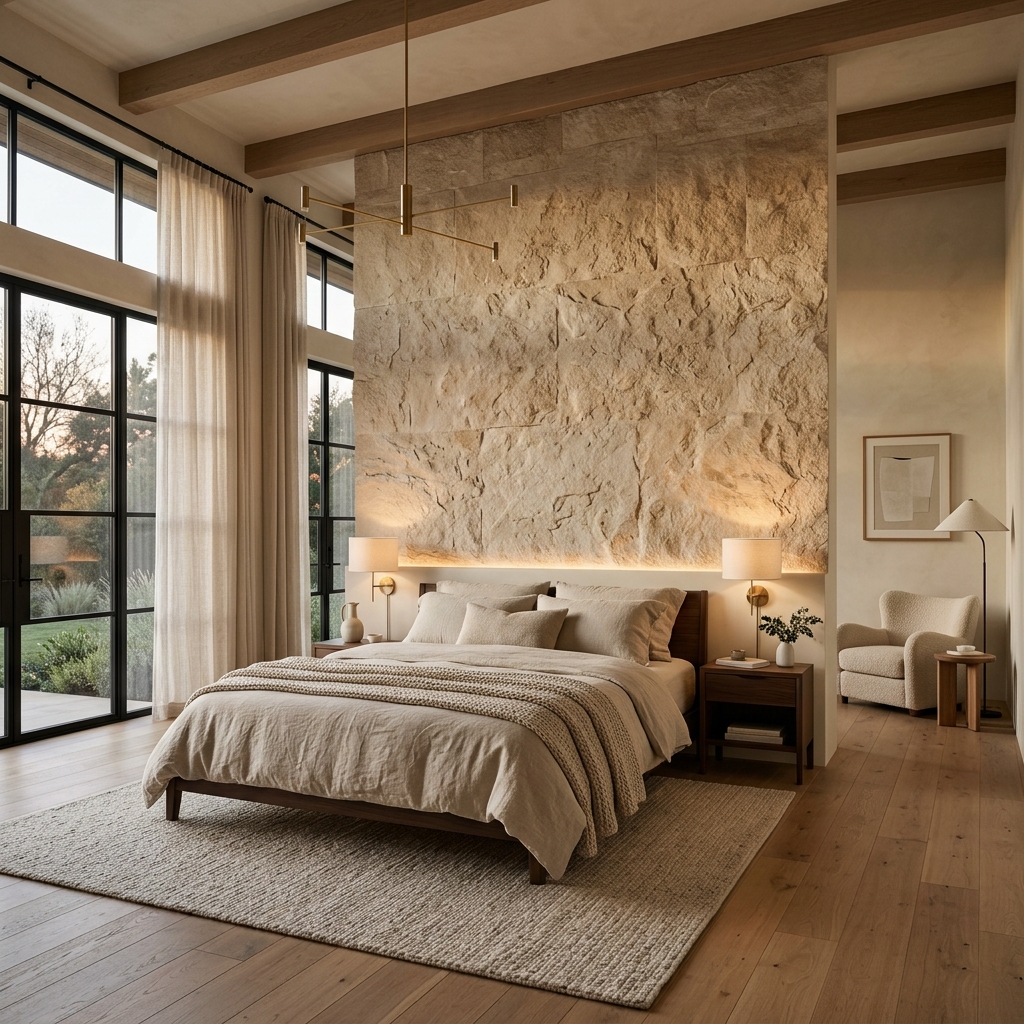 Luxury bedroom with natural stone and warm neutrals